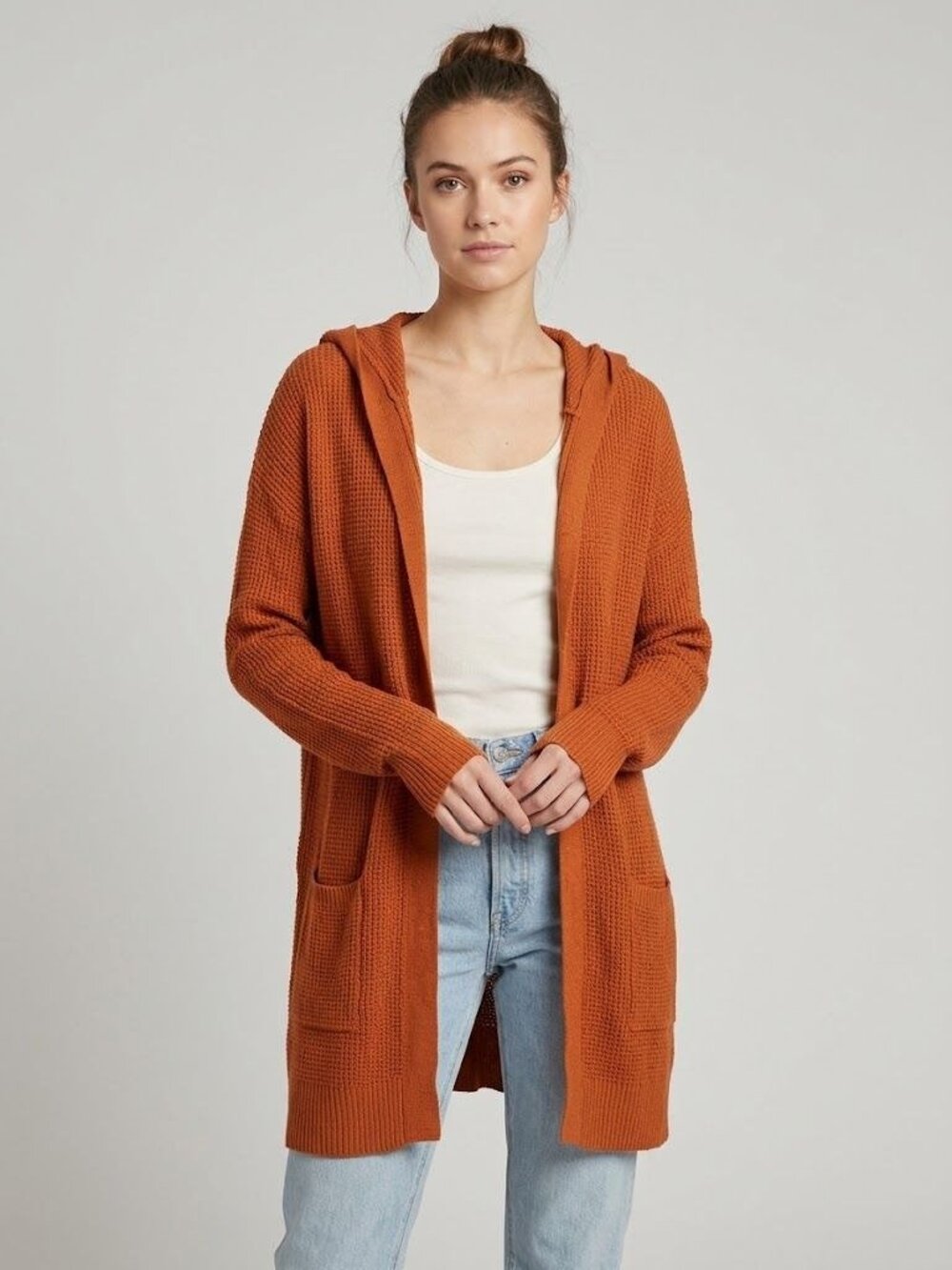 Peyton Primrose Womens Hooded Open-Front Rust Orange Cardigan L 100% Cotton